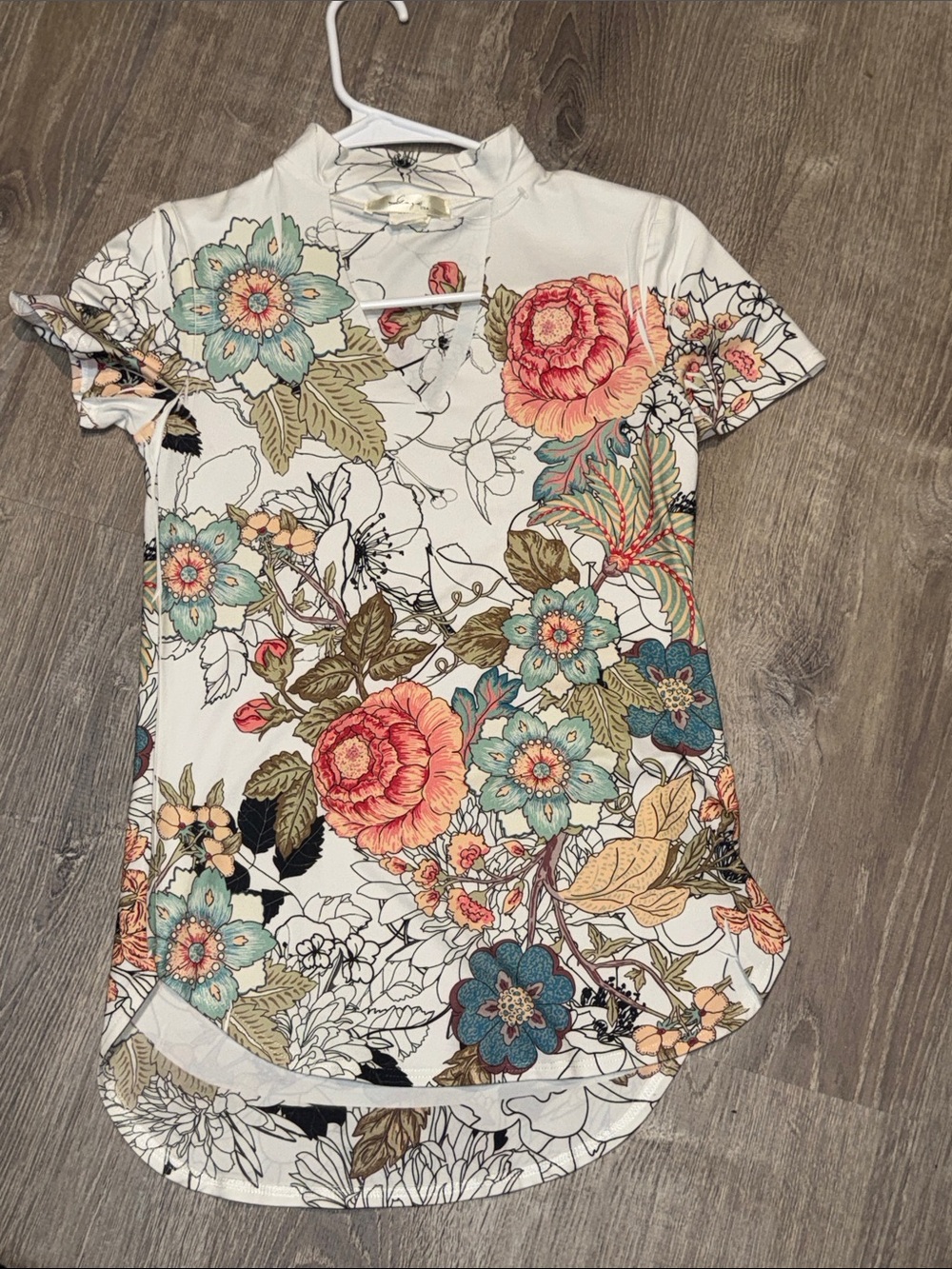 Floral Mock-Neck Short Sleeve Top - White with Coral & Teal